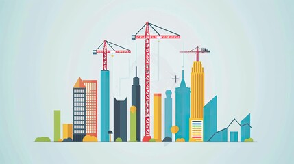 A city skyline with a crane in the middle