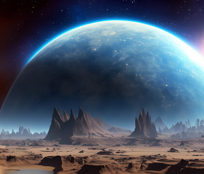 science Space scenery, planet desert and sunlight, Science fiction art.