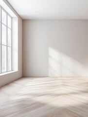 Fototapeta premium Empty room in neutral colors with ample copyspace, a large window filling the room with natural lighting and creating a play between daylight and shadows.