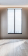 Fototapeta premium Empty room in neutral colors with ample copyspace, a large window filling the room with natural lighting and creating a play between daylight and shadows.