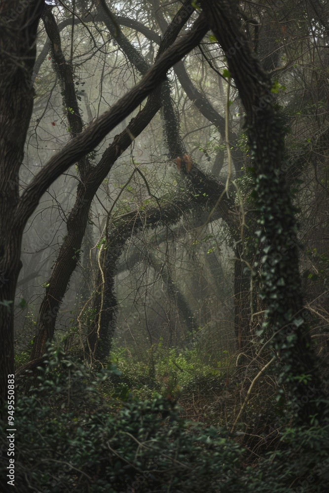 Sticker Dense, tangled forest with a mist-filled path.