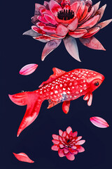 Watercolor koi and lotus flower illustration