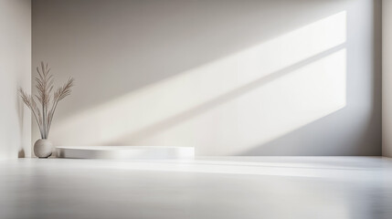 Obraz premium Empty room in neutral colors with ample copyspace, a large window filling the room with natural lighting and creating a play between daylight and shadows.