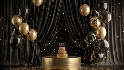 Gold and Black Balloons, Cake, and Confetti on a Stage