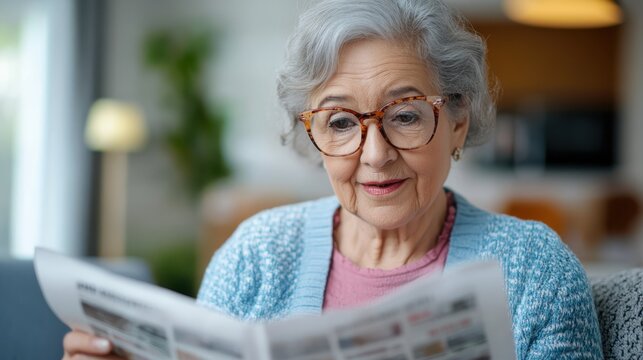 An elderly woman with glasses and grey hair reads a newspaper while sitting in a cozy living room, demonstrating quiet contemplation and leisure.