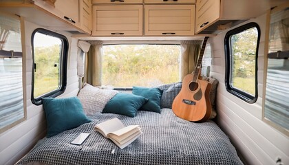  Firefly Inside the camper van. Unfilled bed, pillows, guitar, book, hat, white wooden decoration of 