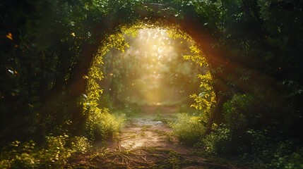 Fototapeta premium Fairy tale archway with magic light through an enchanted forest generative.