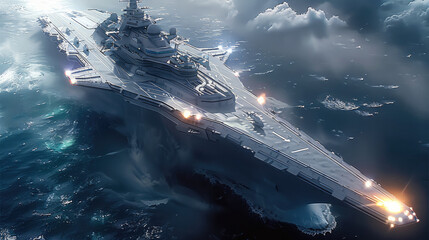 A powerful future aircraft carrier battleship with silver and white as the main colors, the earth in the background. Generative AI.