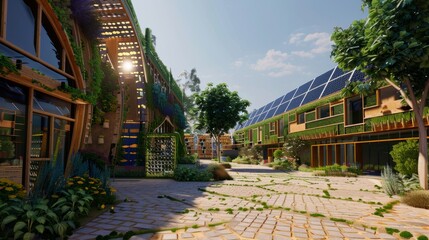 Eco-friendly, sustainable housing with green walls and solar panels.