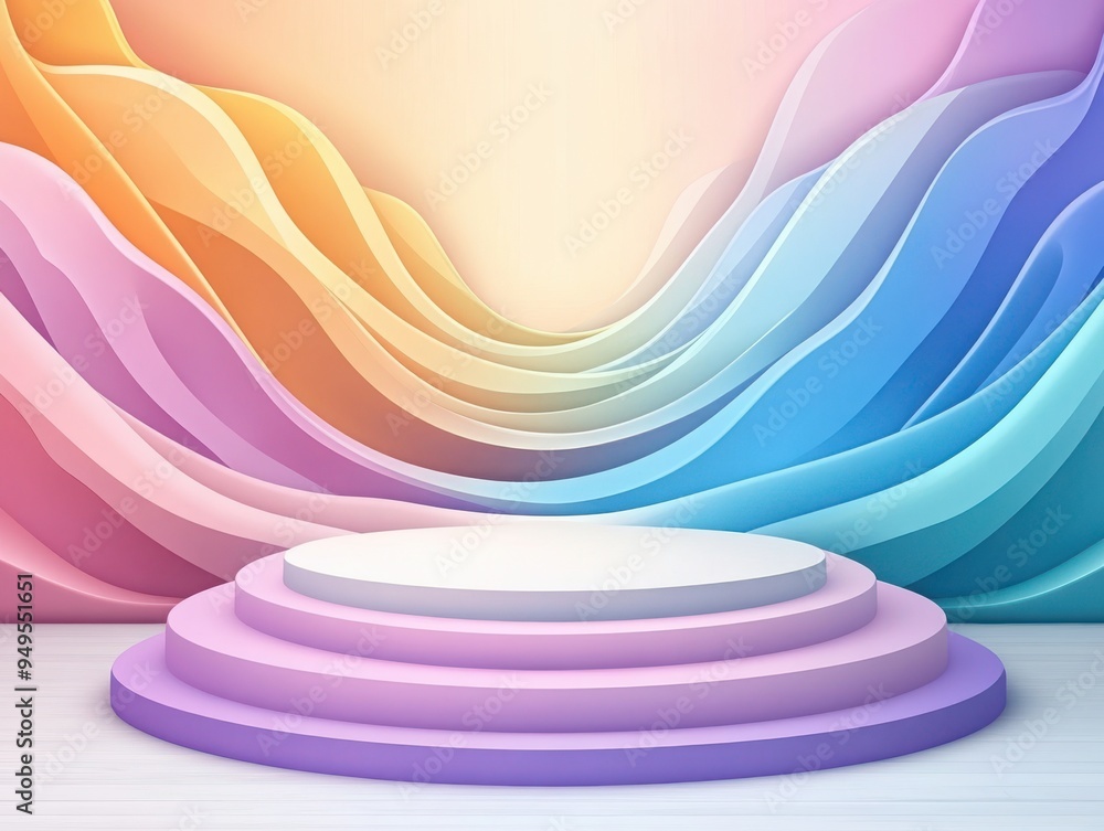 Poster elegant abstract background with colorful waves and a smooth podium, perfect for presentations or cr