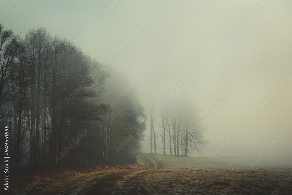 Poster a fog-covered road flanked by trees on both sides, creating a mysterious atmosphere, soft edges and 