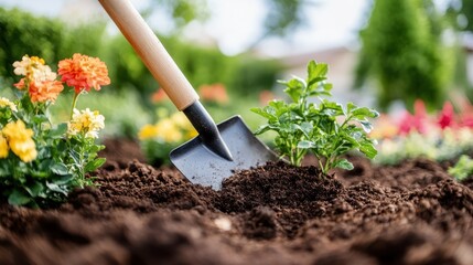An image of someone using a trowel to plant a beautiful orange flower into the rich, dark soil of a garden, exemplifying care and detail in gardening tasks.