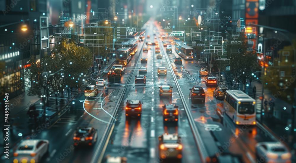 Poster Smart Traffic System in a Futuristic City, A high-tech cityscape where vehicles move seamlessly thanks to an integrated smart traffic system. Transparent virtual interfaces hover above intersections.