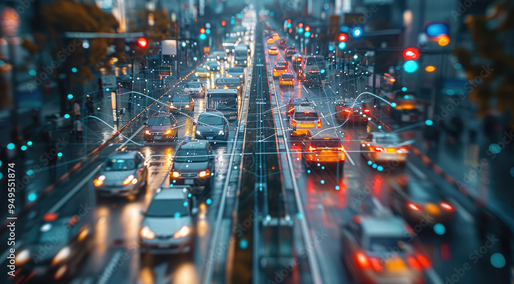 Poster Smart Traffic System in a Futuristic City, A high-tech cityscape where vehicles move seamlessly thanks to an integrated smart traffic system. Transparent virtual interfaces hover above intersections.