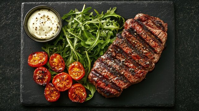 A juicy grilled chuck roll steak on a bed of arugula, with roasted cherry tomatoes and a side of garlic aioli, on a dark stone plate