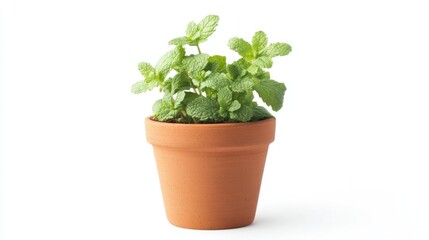 Obraz premium A healthy mint plant with vibrant green leaves growing in a classic terracotta pot against a clean white background.