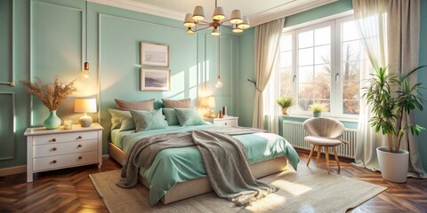 Warm light cyan tones of a cozy bedroom interior, soft focus, natural morning light, slightly above angle, inviting and intimate mood, a realistic photo image.