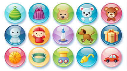 This is a delightful set of childrens icons beautifully designed on a bright white background, perfect for various uses and interactions