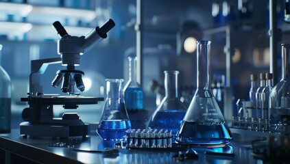 A Laboratory Setup with a Microscope, Flasks, and Test Tubes