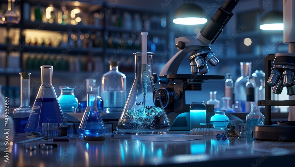 Poster a chemistry lab table with beakers and a microscope