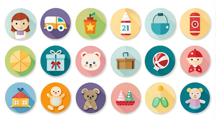 Fototapeta premium A vibrant and diverse set of childrens icons designed on a clean white background, showcasing various playful themes and elements