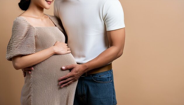 베이지 배경에 한국 젊은 신혼부부가 임신한 아내의 만삭촬영을 스튜디오에서 하고있다,남편은 아내의 배를 만지고 있는 부부 얼굴은 나오지 않고 몸만 나오는 상체 클로즈업