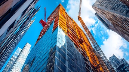 Photograph depicting the coordinated installation of safety barriers on a skyscraper under construction facilitated by an IoT Internet of Things system that monitors and controls the process