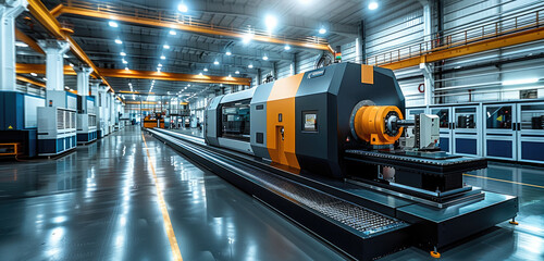 A large-scale CNC machine tool processing at factory. Generative AI.