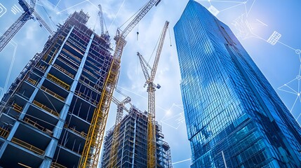 Naklejka premium Automated Installation of Smart Safety Barriers on a Skyscraper Construction Site Coordinated by IoT Systems for Enhanced Efficiency and Workplace Safety