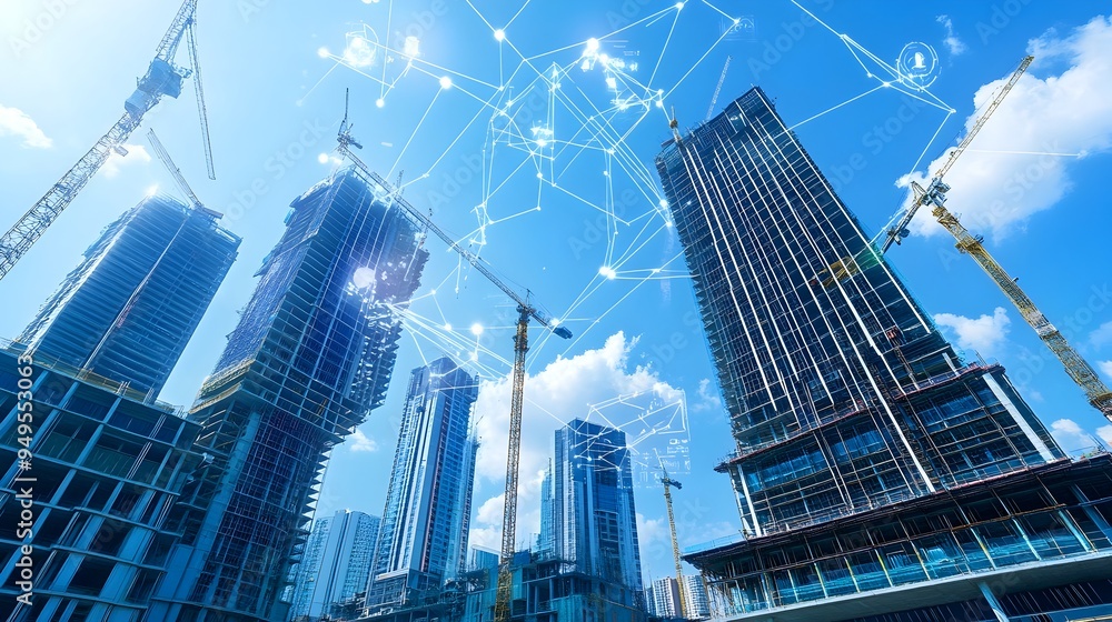 Poster innovative iot powered monitoring devices strategically placed at a skyscraper construction site
