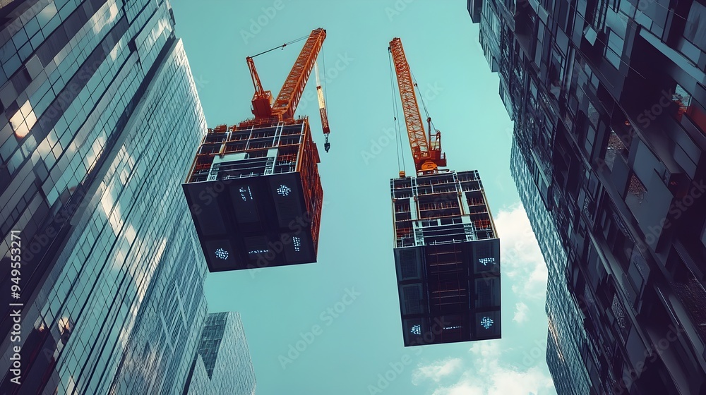 Poster advanced iot powered cranes skillfully lifting and maneuvering massive structural components to faci