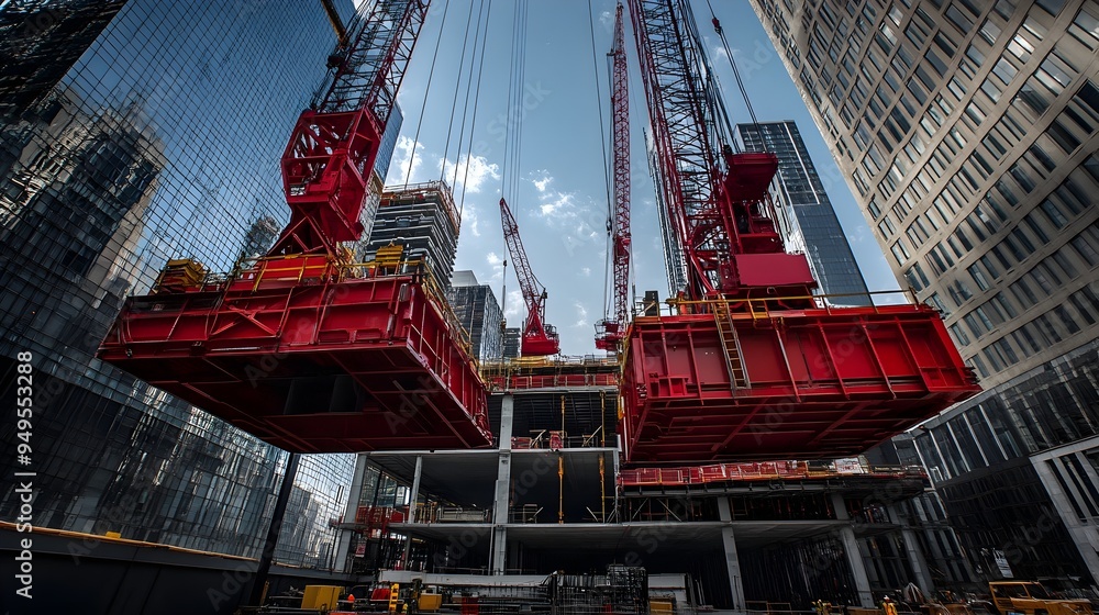 Poster iot powered cranes lifting massive structural components for towering skyscraper construction a scen