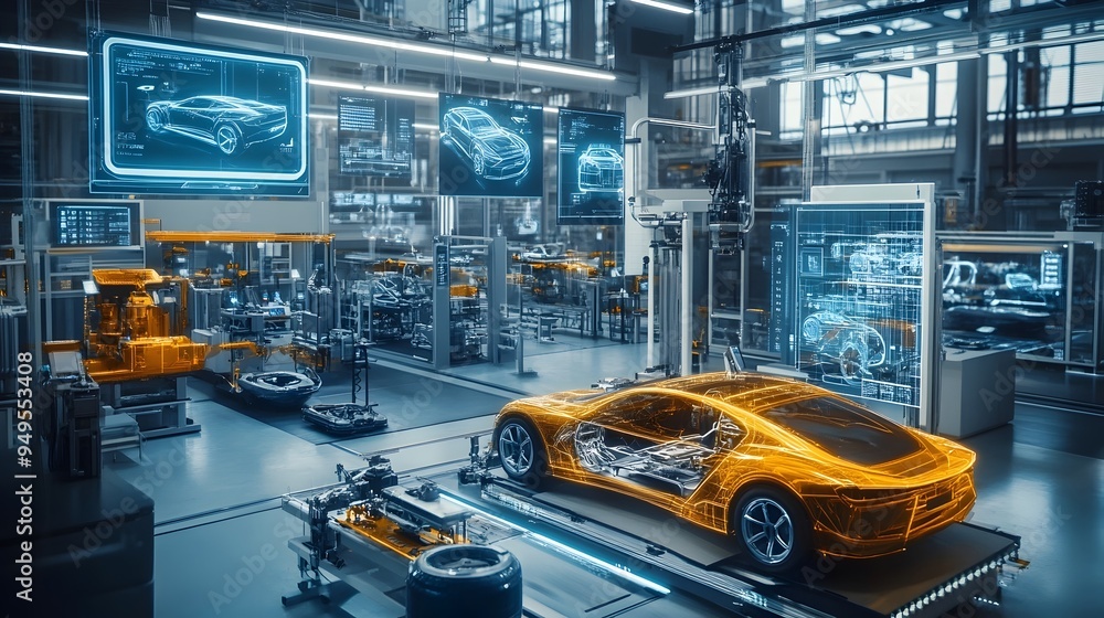 Poster futuristic car production plant featuring advanced iot enabled automation robotics and smart manufac