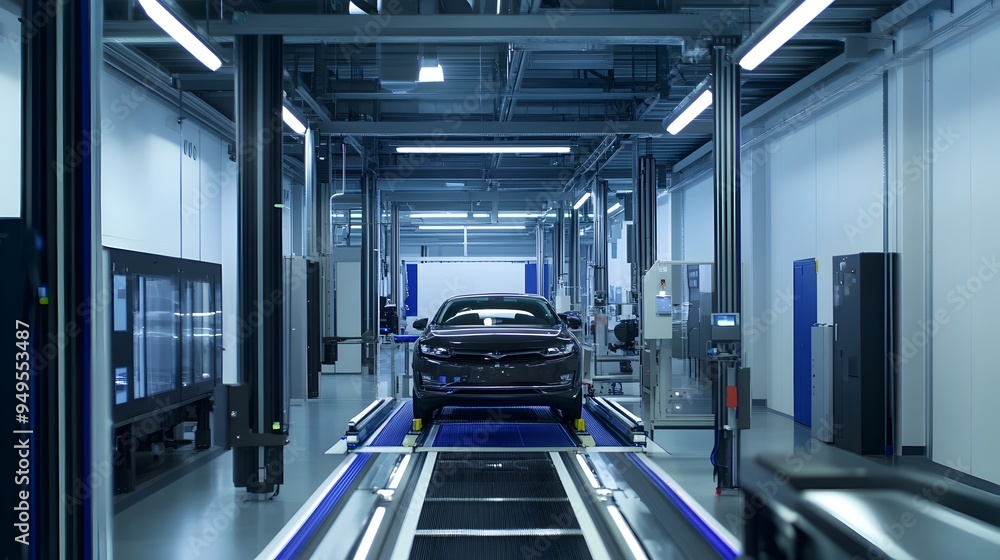 Poster automated inspection station with iot powered systems meticulously checking newly produced vehicles 