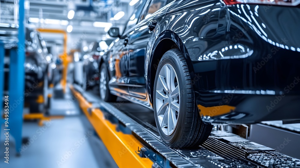 Poster automated iot powered inspection station checking newly manufactured cars with advanced sensors and 