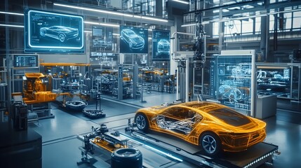 Futuristic car production plant featuring advanced IoT enabled automation robotics and smart manufacturing technologies for efficient and innovative vehicle assembly processes