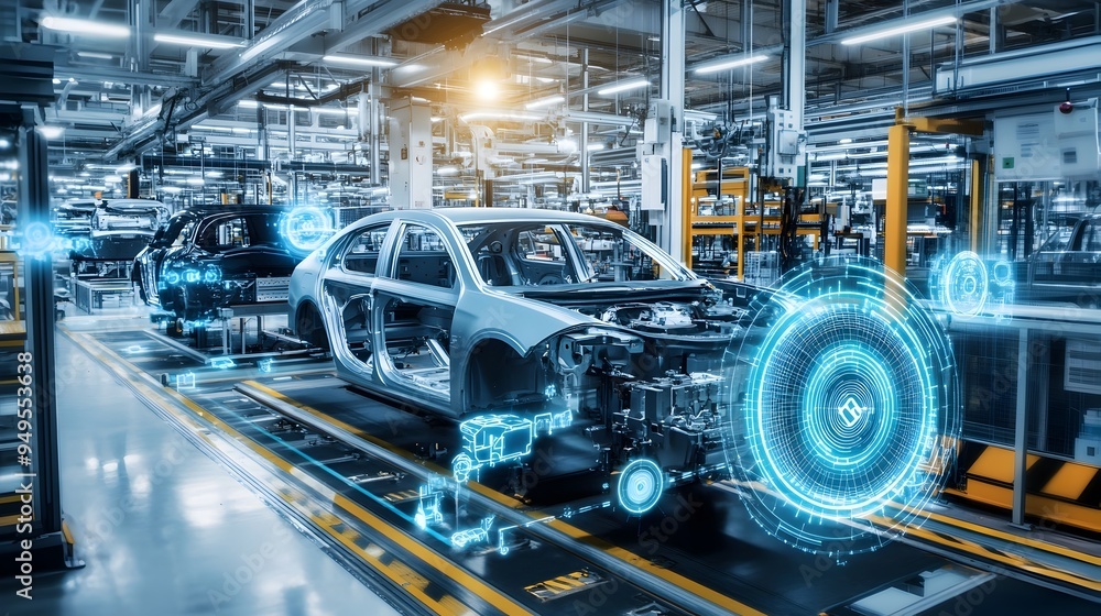 Poster a modern car engine assembly area showcasing the implementation of iot technology to optimize the pl