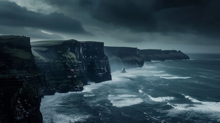 Dramatic cliffs and crashing waves in a stormy sea.