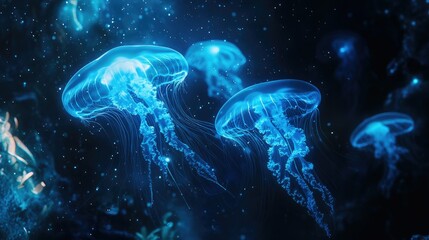 Fototapeta premium A mesmerizing display of jellyfish swimming in a dark aquarium, their delicate bodies and tentacles glowing in soft blue neon light