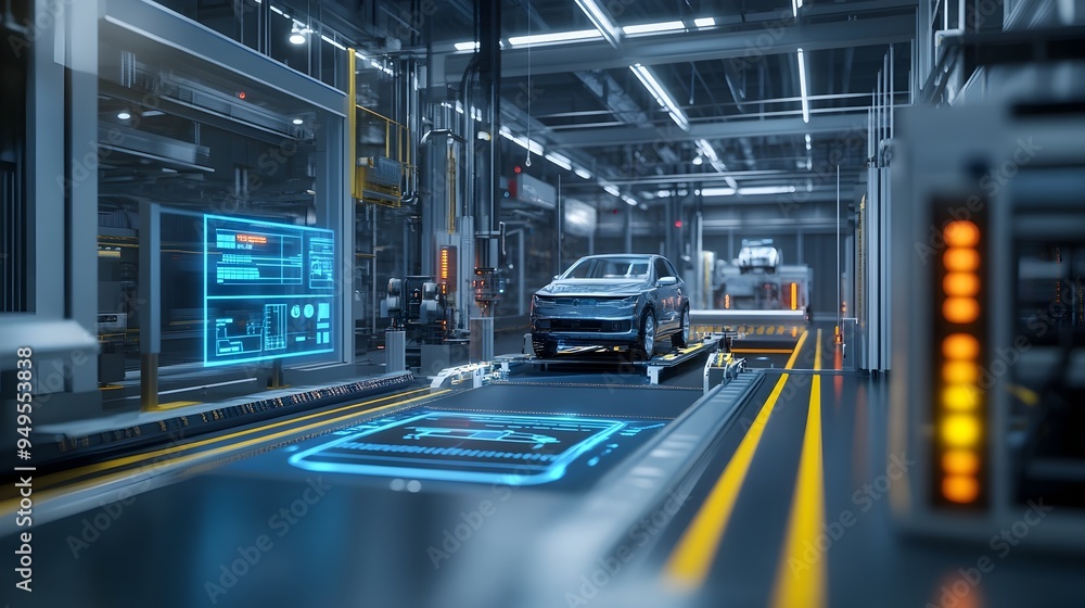 Poster photograph of a high tech vehicle testing facility within a smart factory