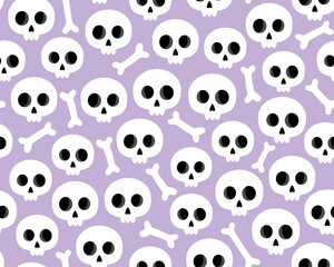 Halloween seamless pattern. Small cute white skulls and bones on a purple background. Halloween seamless pattern.  Lots of skulls and bones. Design for wrapping paper, textile.