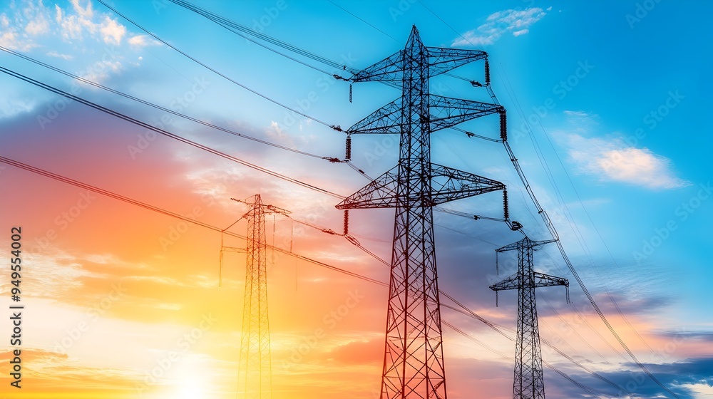 Poster high voltage power poles connected to smart iot systems during installation with copy space for text