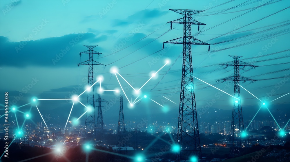 Poster high voltage power poles connected to smart iot systems during installation with copy space modern e