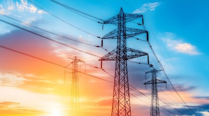 High Voltage Power Poles Connected to Smart IoT Systems During Installation with Copy Space for Text or Graphic Overlay