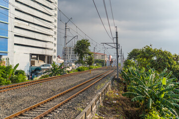 close-up of a two-way train track.