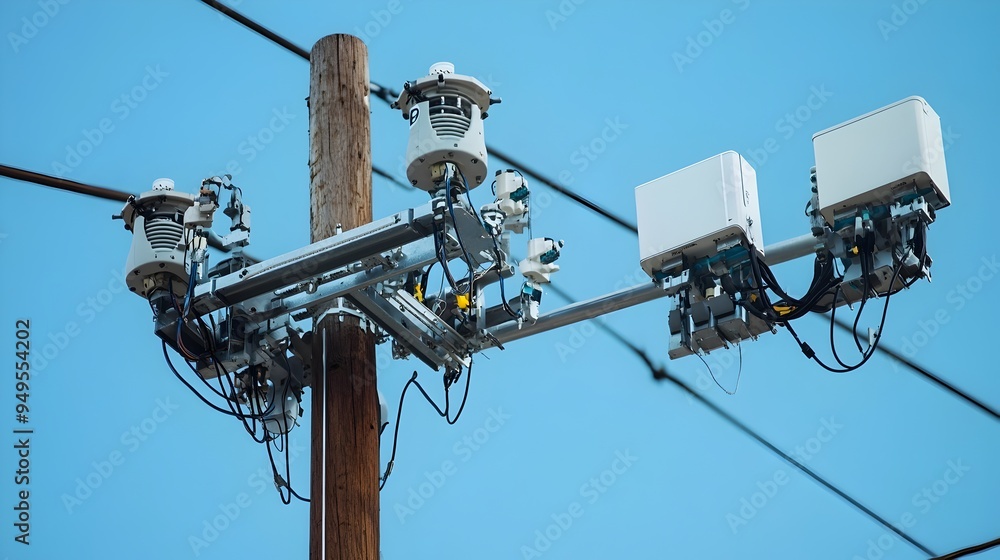 Poster a photograph showcasing the installation of smart sensors on high voltage power poles designed to en