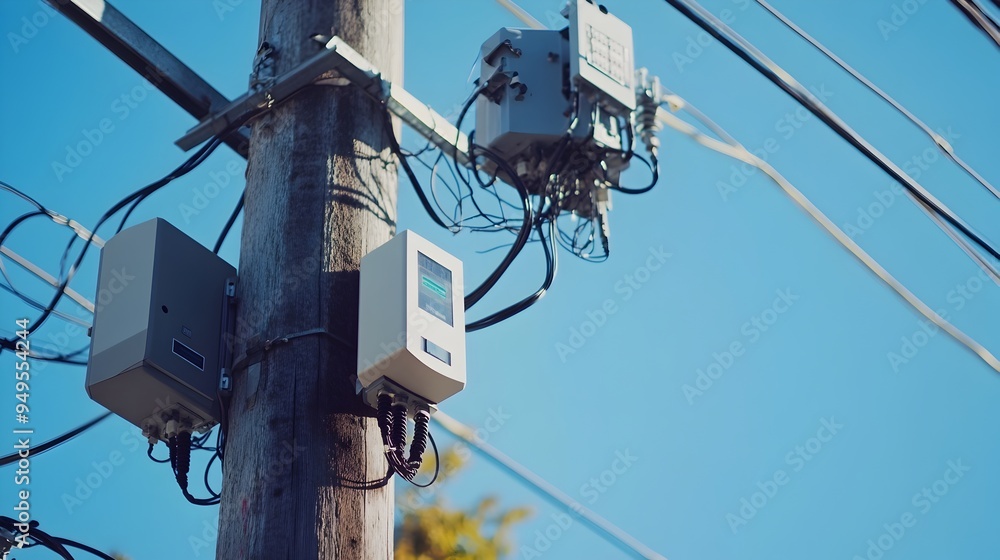 Poster advanced sensor technology attached to high voltage power poles during installation enabling real ti