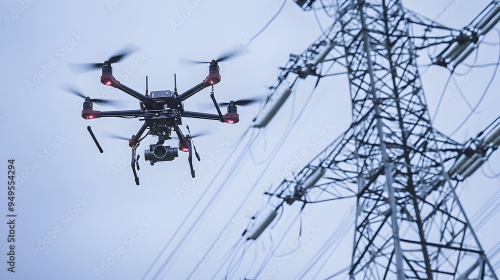Poster advanced iot enabled drone technology inspecting high voltage power poles during installation proces