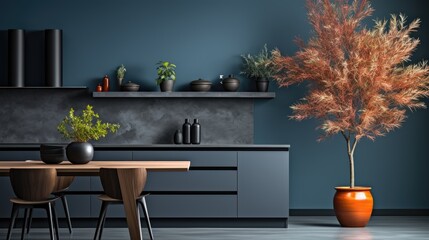 Mockup dark blue wall in kitchen and minimalist interior design 