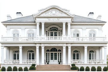Obraz premium A grand white mansion with intricate architectural details and a spacious front porch.